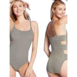 SHADE & SHORE Women’s Black Metallic Stripe Strappy Side Swimsuit Small